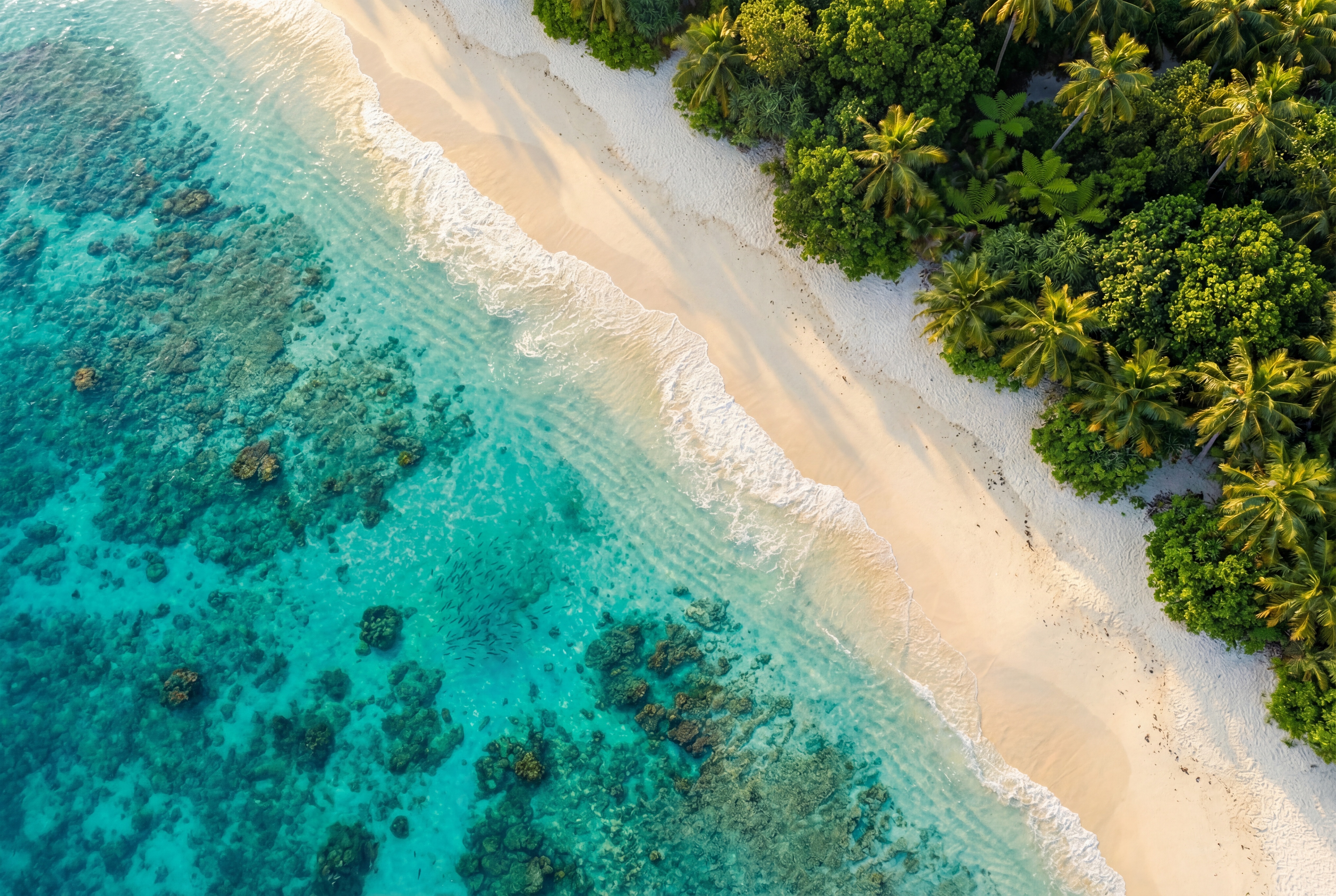 Stunning aerial view of turquoise ocean meeting white sandy beach
